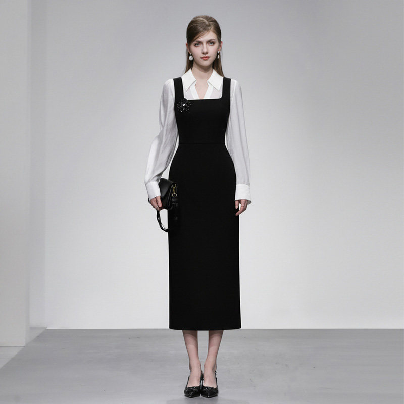 2026春季新款翻领长袖宽松版衬衫+吊带收腰直筒连衣裙两件套