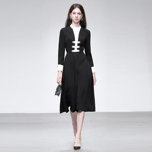 收腰大摆中长款 2025秋季 气质海军风撞色长袖 时尚 黑色连衣裙女 新款