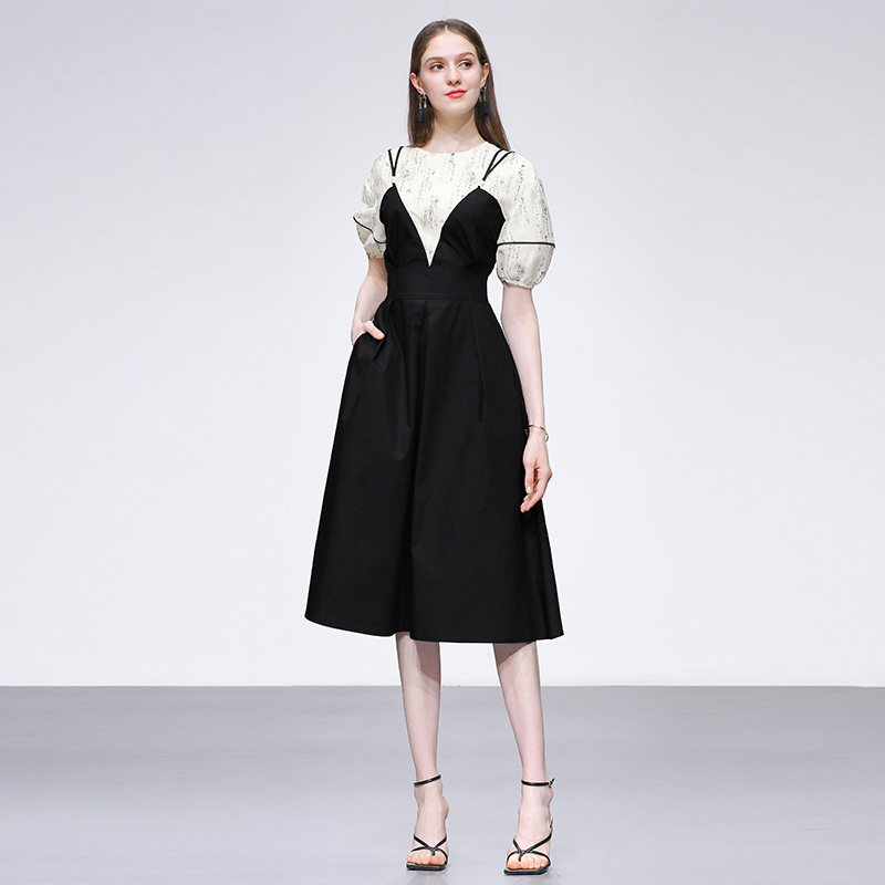 2026夏季新款女装时尚休闲假两件撞色灯笼袖收腰大摆衬衣连衣裙