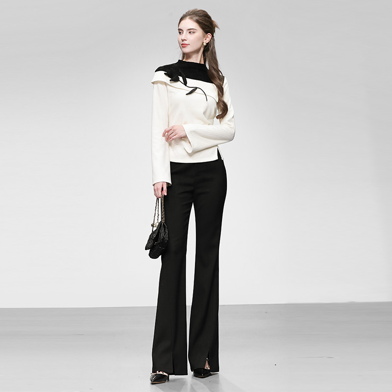 2025秋冬季女装气质法式拼接雪尼尔上衣高腰显瘦微喇长裤套装女