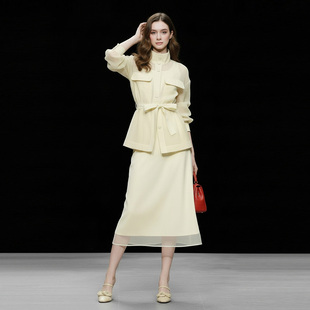 2026春季新款时尚通勤气质腰带收腰外套+高腰中长款A字半身裙套装