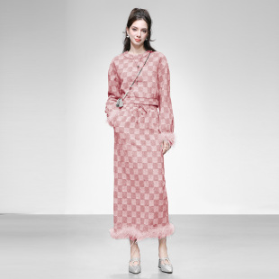 气质毛条撞色格子卫衣高腰直筒长裙半裙毛呢套装 2025秋冬季 新款