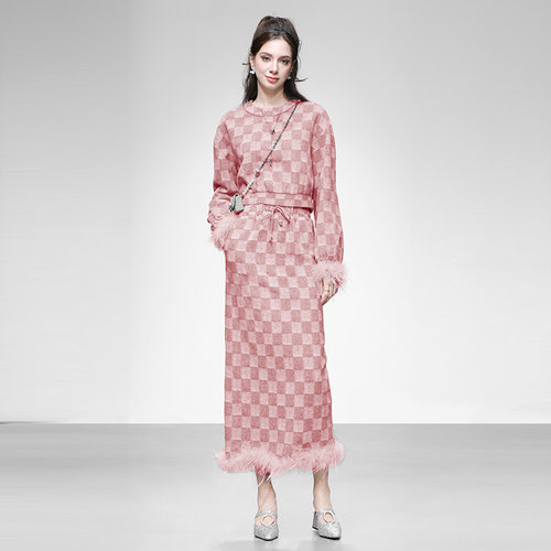 2025秋冬季新款气质毛条撞色格子卫衣高腰直筒长裙半裙毛呢套装