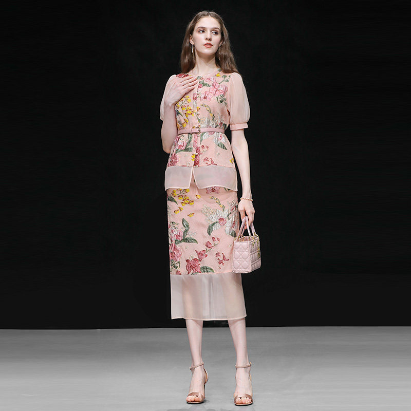 2026夏季新款气质薄纱拼接粉色提花上衣简约百搭开叉半裙套装
