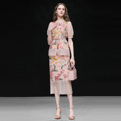 2025夏季新款气质薄纱拼接粉色提花上衣简约百搭开叉半裙套装直