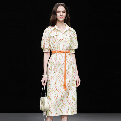 夏季女装2025新款气质印花刺绣灯笼袖收腰显瘦衬衫连衣裙长裙裙子