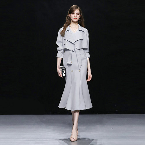 2026春装新款法式优雅气质简约短款风衣+鱼尾马甲韩剧女主两件套