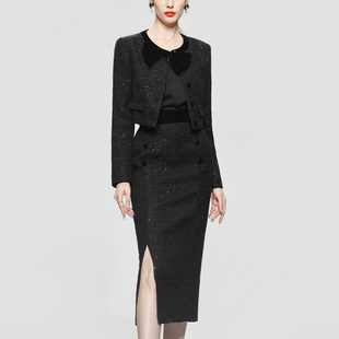 QC秋冬季女装时尚气质两件套黑色粗花呢外套包臀裙裙子套装