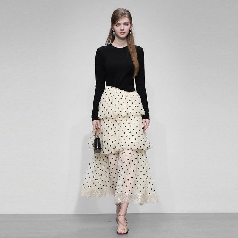 2026春季新款时尚气质长裙收腰显瘦设计感撞色波点蛋糕裙连衣裙女