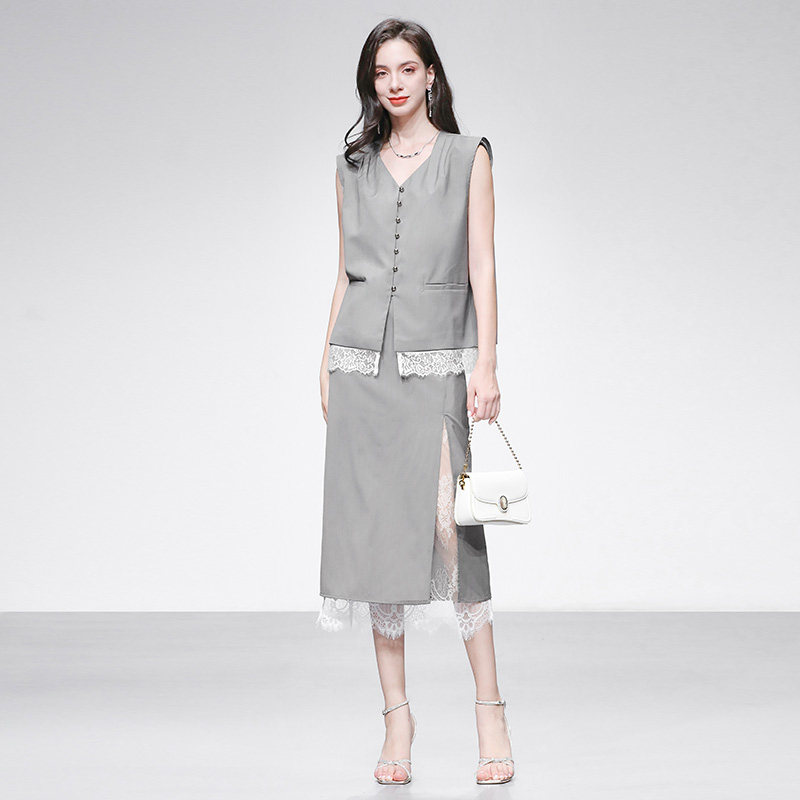 2026夏季新款女装气质马甲高腰直筒撞色蕾丝开衩半裙套装