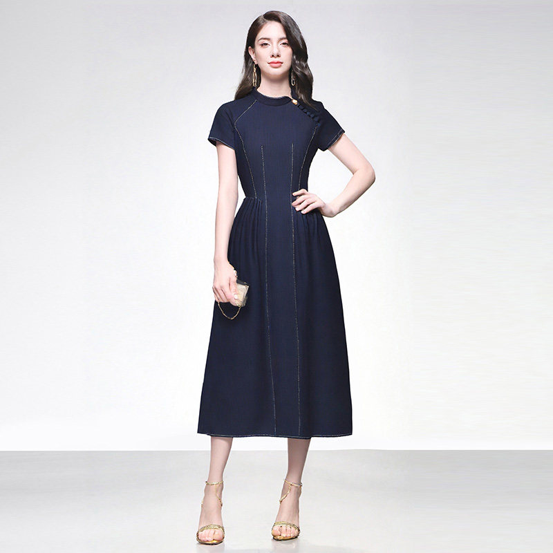 2026夏季新款气质立领短袖修身显瘦大摆裙减龄牛仔连衣裙百搭女