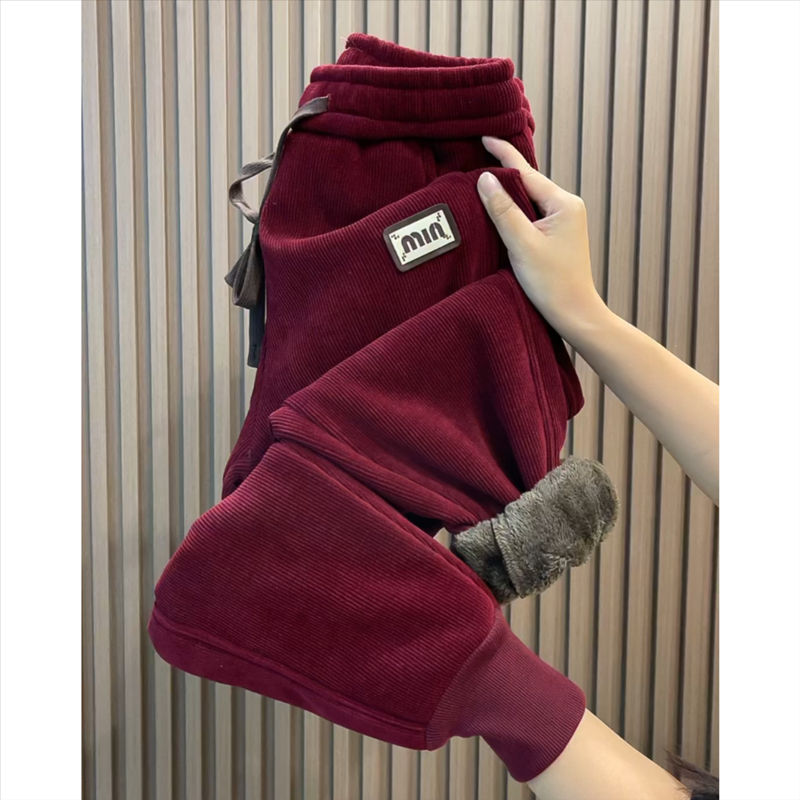 冬季新款加绒加厚羊羔绒休闲裤高腰显瘦卫裤百搭卫裤保暖束脚哈伦