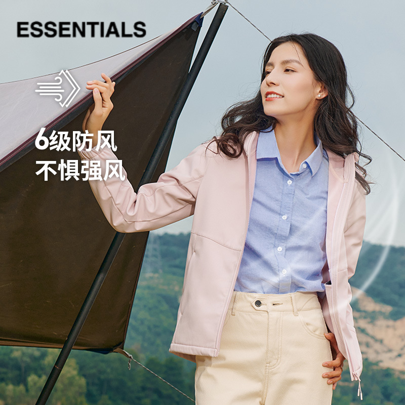 ESSENTIALS软壳衣男女款防风防水户外秋冬加绒保暖透气连帽风衣外