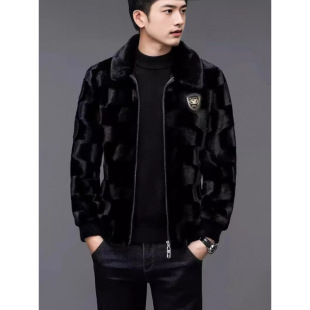 貂皮大衣男宝嘉美水貂整貂皮草海宁皮衣冬季 翻领夹克裘皮外套金貂