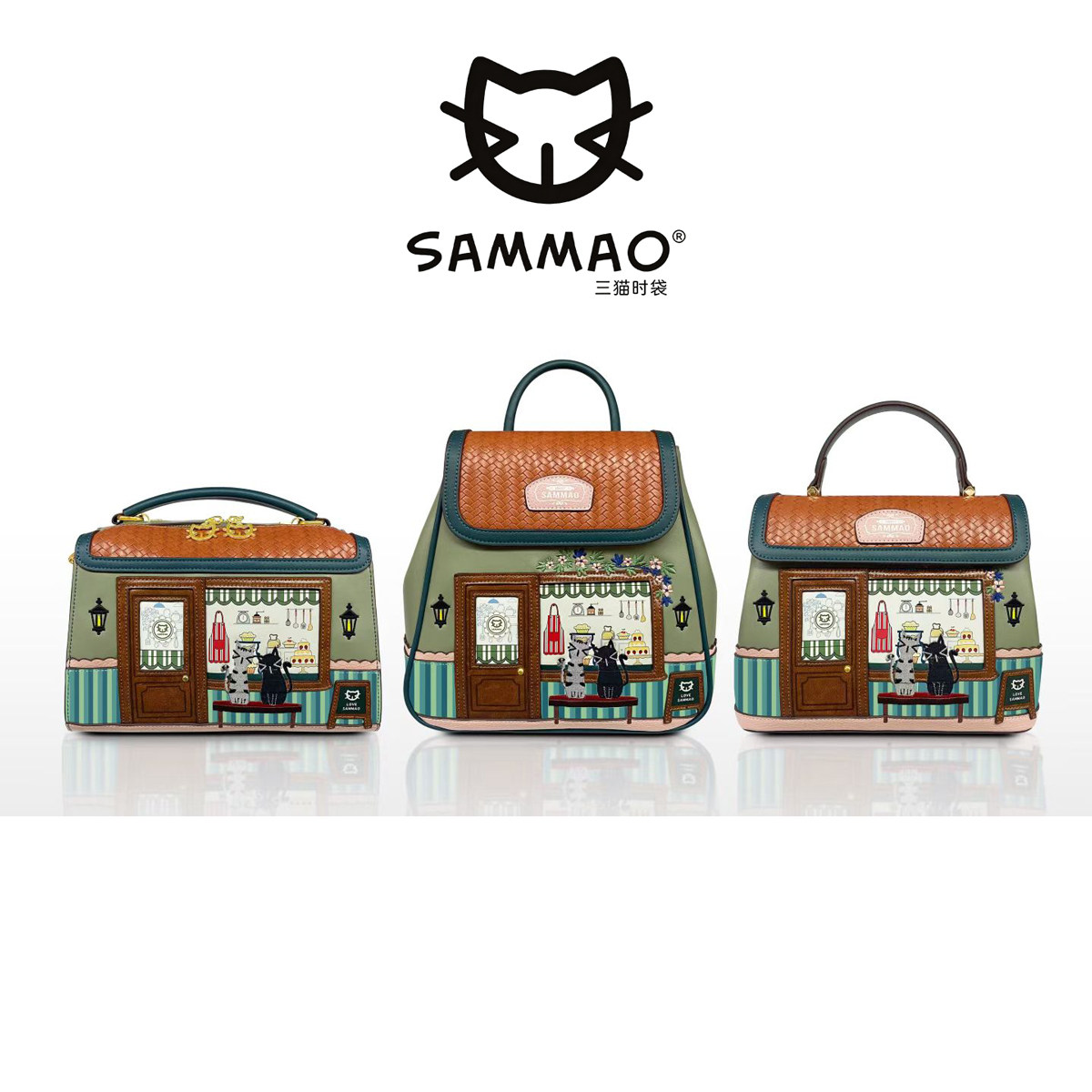 SAMMAO三猫时袋卡通可爱猫咪小方包休闲时尚单肩双肩斜挎枕头包女