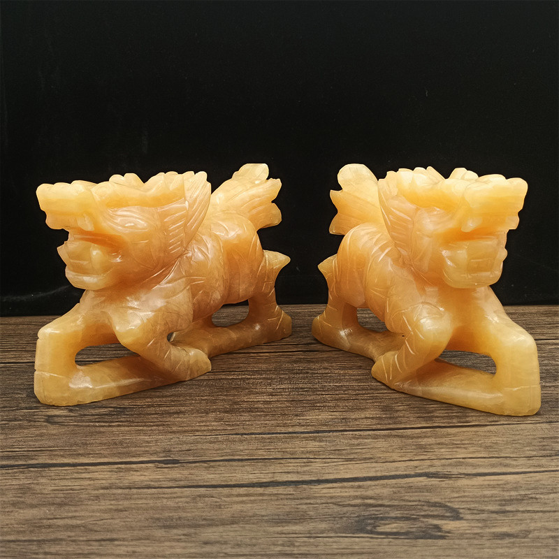 天然黄玉麒麟摆件一对玉石母子麒麟家居客厅乔迁入宅公司装饰摆设