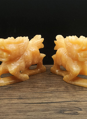 天然黄玉麒麟摆件一对玉石母子麒麟家居客厅乔迁入宅公司装饰摆设