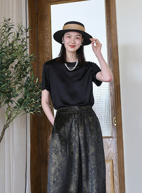 夏季黑色T恤女 新款显瘦上衣圆领套头通勤百搭休闲宽松纯色短袖女