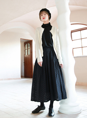 半身裙女2025新款秋文艺黑色纯棉镂空中长款a字裙 百搭宽松小清新