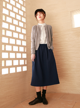 半身裙女新款 中长款a字百褶裙文艺藏蓝色全棉小摆裙百搭宽松裙