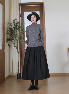 原创秋冬新款黑色半身裙女 百搭显瘦A字裙文艺复古中长裙棉质半裙