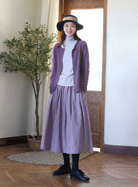 秋冬新款提花棉麻半身裙 纯色百搭中长款半裙显瘦显气质a字裙长裙