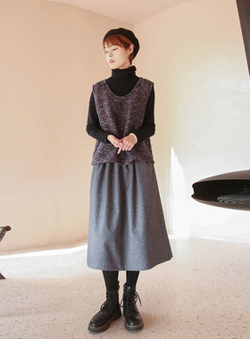 半身裙女2025新款秋 中长款a字百褶文艺灰蓝色羊毛小摆裙百搭宽松