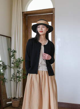 2025秋季新款圆领长袖开衫女黑色百搭针织衫纯色宽松上衣显瘦外套