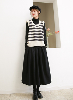 半身裙女 中长款a字高腰文艺黑色棉麻裙新款女装百搭半身大摆长裙