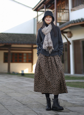 ZAN原创碎花半身裙女 秋冬新款百搭纯色A字裙 中长款文艺棉麻半裙