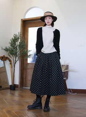 2025新款黑色波点棉麻半身裙 秋冬文艺复古a字中长款半裙百搭长裙