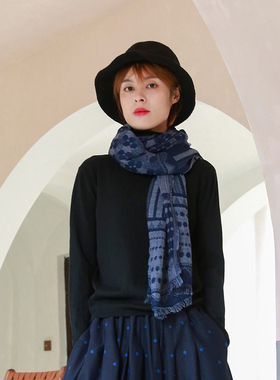 围巾女2025冬季新款复古港味文艺藏蓝色提花棉麻披肩围脖保暖舒适