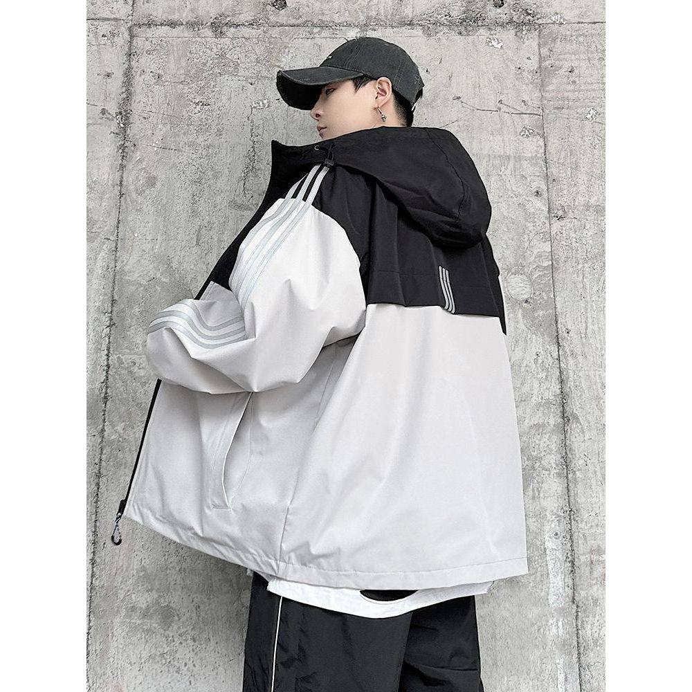 秋季条纹冲锋运动夹克男加肥加大码潮牌拼接美式反光胖子上衣外套