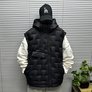 压花连帽羽绒马甲男士冬季装大码青少年斜襟工装无袖羽绒坎肩外套