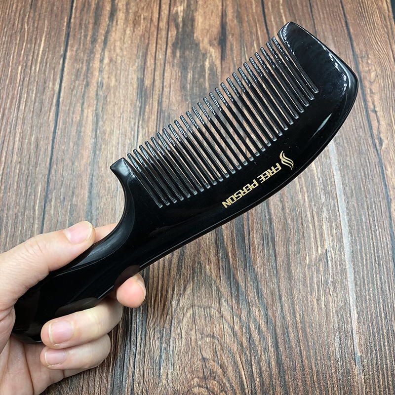 闲人正品 黑水牛角直发家用梳 细齿大号圆柄梳 天然牛角梳 防静电