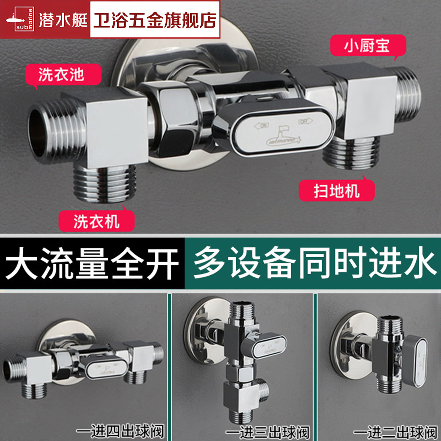 潜水艇一进二出球阀角阀厨房净水器洗碗机厨宝一进三出四出大流量