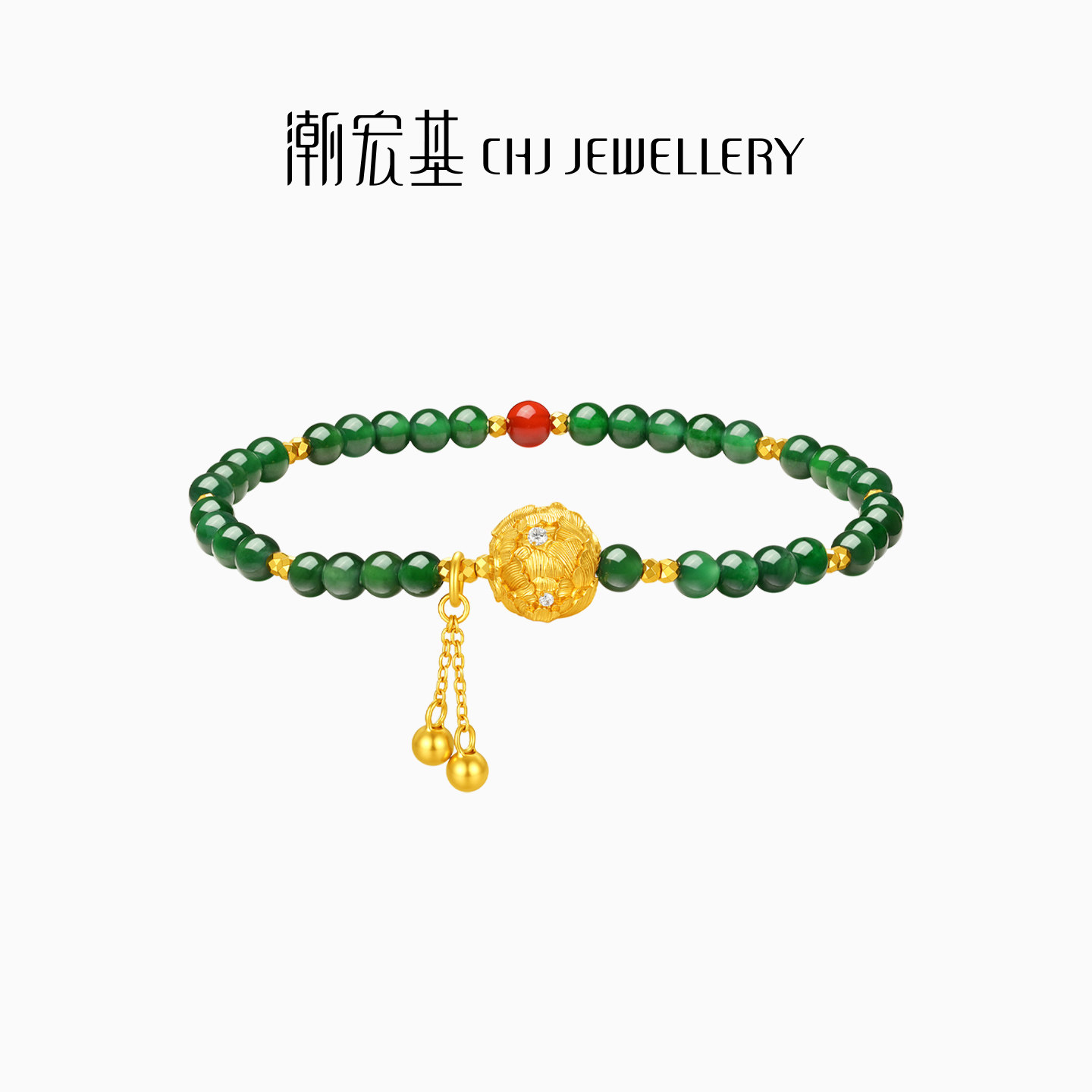 潮宏基花韵牡丹花球黄金手链足金翡翠玛瑙手串古法送妈妈母亲礼物