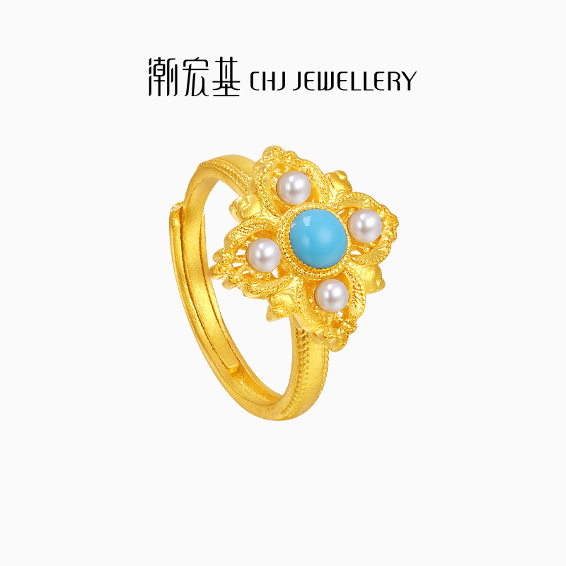 潮宏基臻金十二颜黄金珍珠戒指足金戒圈手饰古法珐琅礼物高级感卟