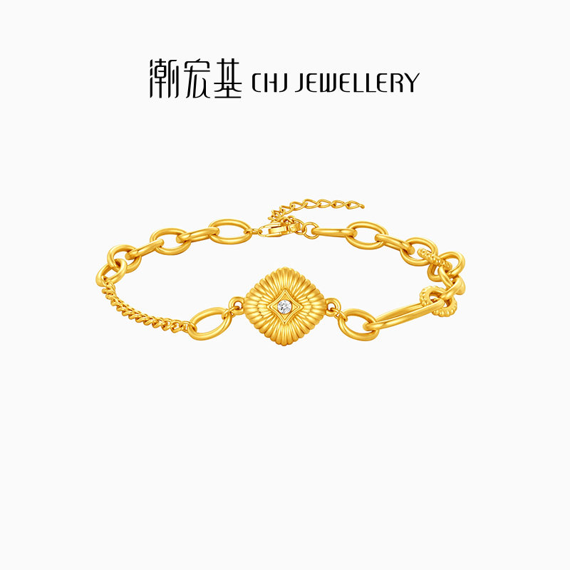 潮宏基御范黄金手链足金5D环扣链扣硬金显大钻石手饰女七夕情人节