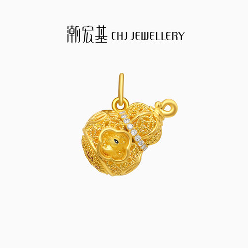 潮宏基非遗花丝福禄黄金钻石吊坠足金转运串珠硬金鎏彩葫芦生肖马