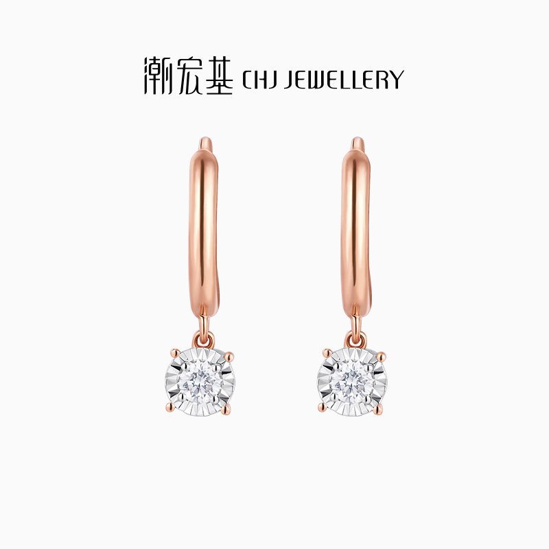 潮宏基至简圆闪红黄18K金玫瑰彩金钻石耳钉耳饰耳扣单只女礼物