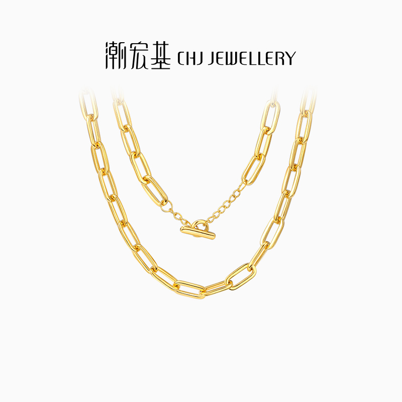 潮宏基御范黄金项链足金套链3D硬金女锁骨链职场通勤女计价