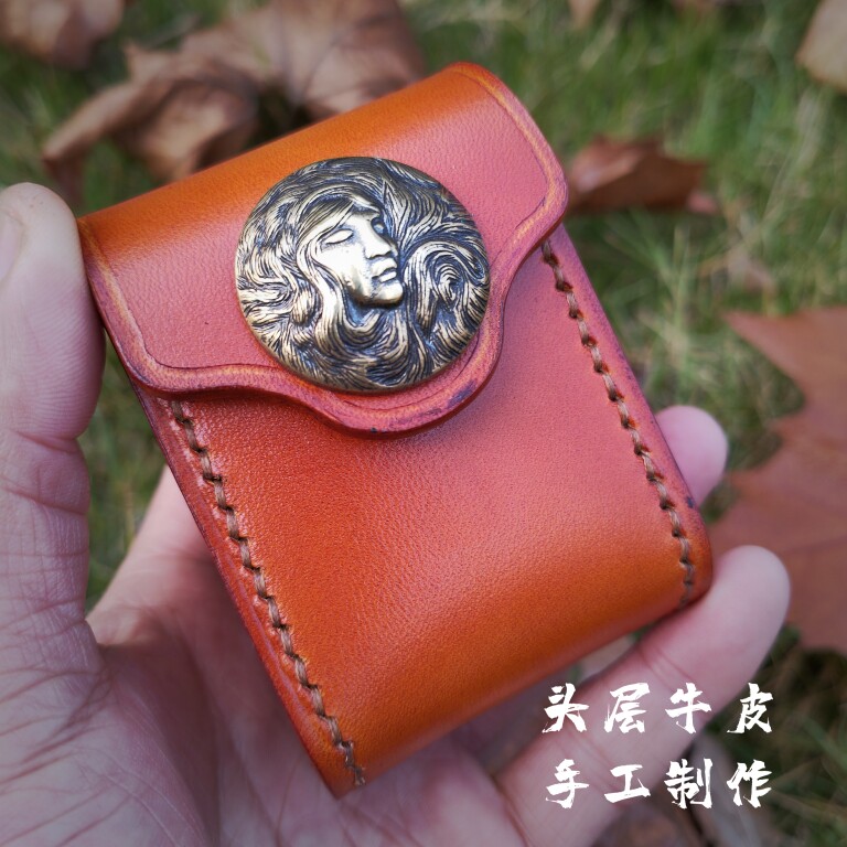 眼镜盒钢珠包零钱包头层牛皮手工制作驹缝工艺黄铜财布磁吸扣