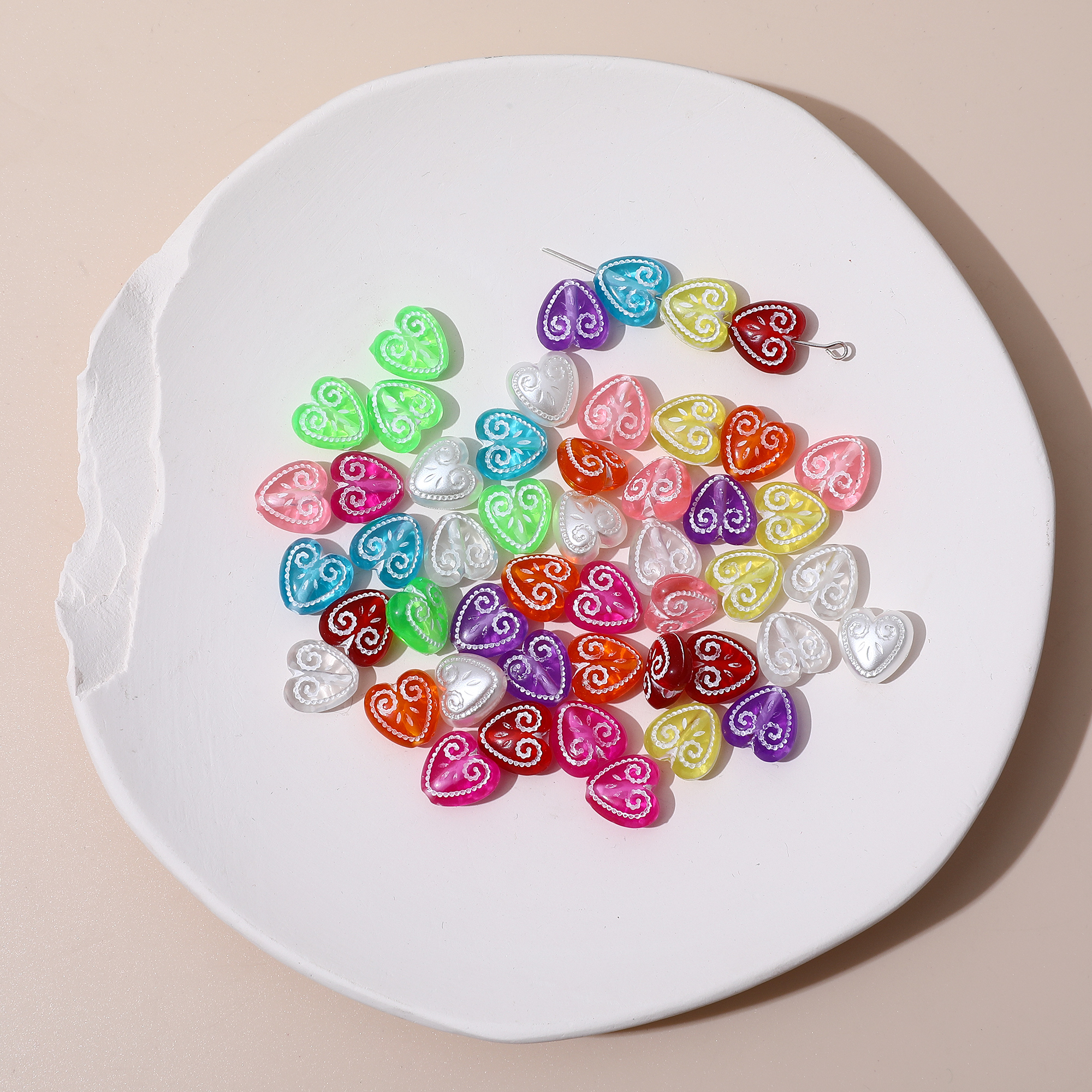 diy透明花纹爱心仿珍珠饰品耳环