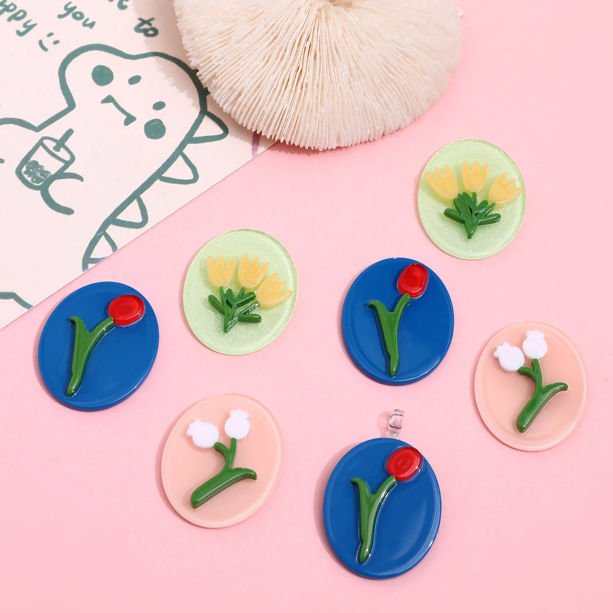 撞色玫瑰铃兰花朵椭圆形亚克力贴片diy手工发夹饰品耳钉配件材料