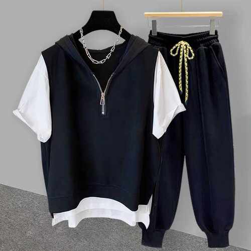 宽松束脚连帽韩版潮流拉链夏季