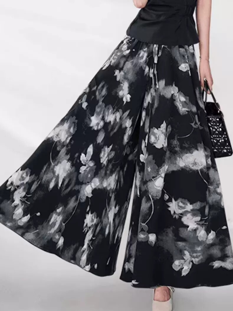 水墨画冰丝裙裤雪纺阔腿裤裙女春夏2026新款天丝九分显瘦休闲裤子