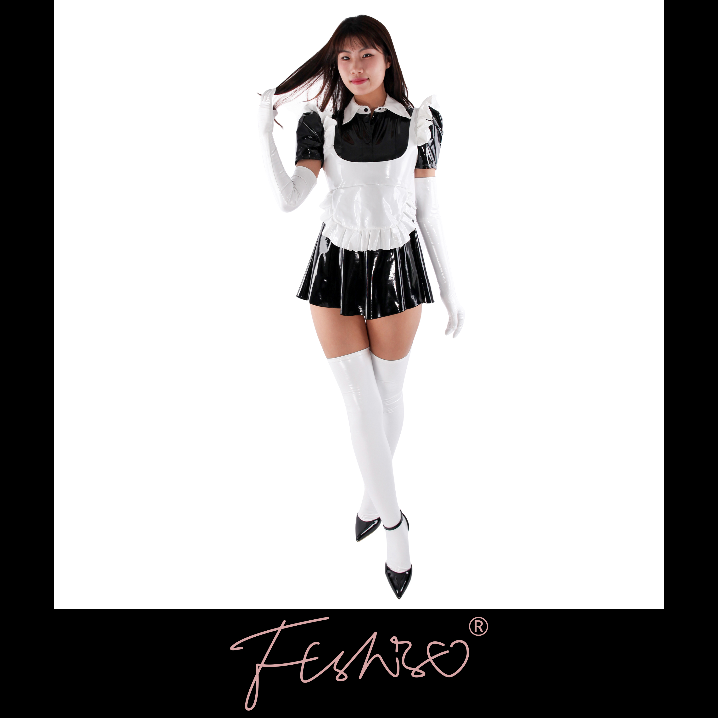 Ftshist光泽高弹乳胶漆皮黑白cosplay漫展女仆裙角色扮演制服套装