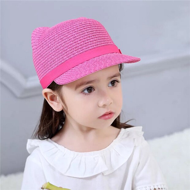 夏季新款儿童草帽遮阳欧美亲子双耳鸭舌帽女童棒球帽耳朵造型萌帽