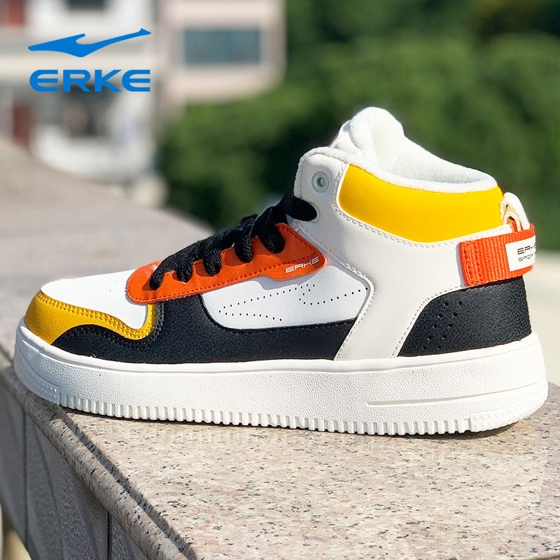 鸿星尔克男鞋高帮冬季加绒棉鞋休闲新款加绒保暖皮面加厚轻便板鞋